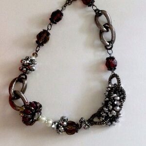 Silver crystal, brown, black statement necklace